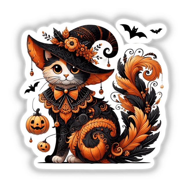 Stylized Halloween cat in decorative witch hat, surrounded by pumpkins, bats, and vibrant autumn foliage