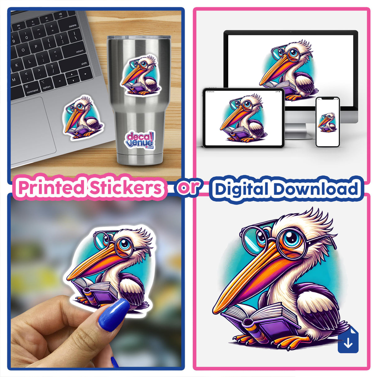 Pelican With Reading Glasses Open Book