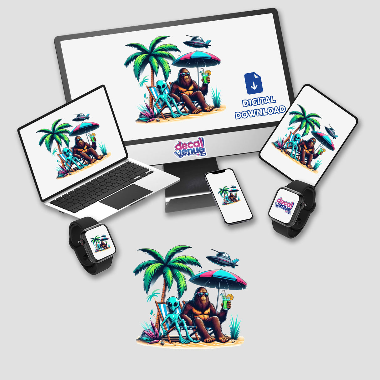 Sasquatch and Alien Chillin on Beach: computer setup displaying cartoon art of a gorilla and alien relaxing, available as stickers or digital artwork from Decal Venue.