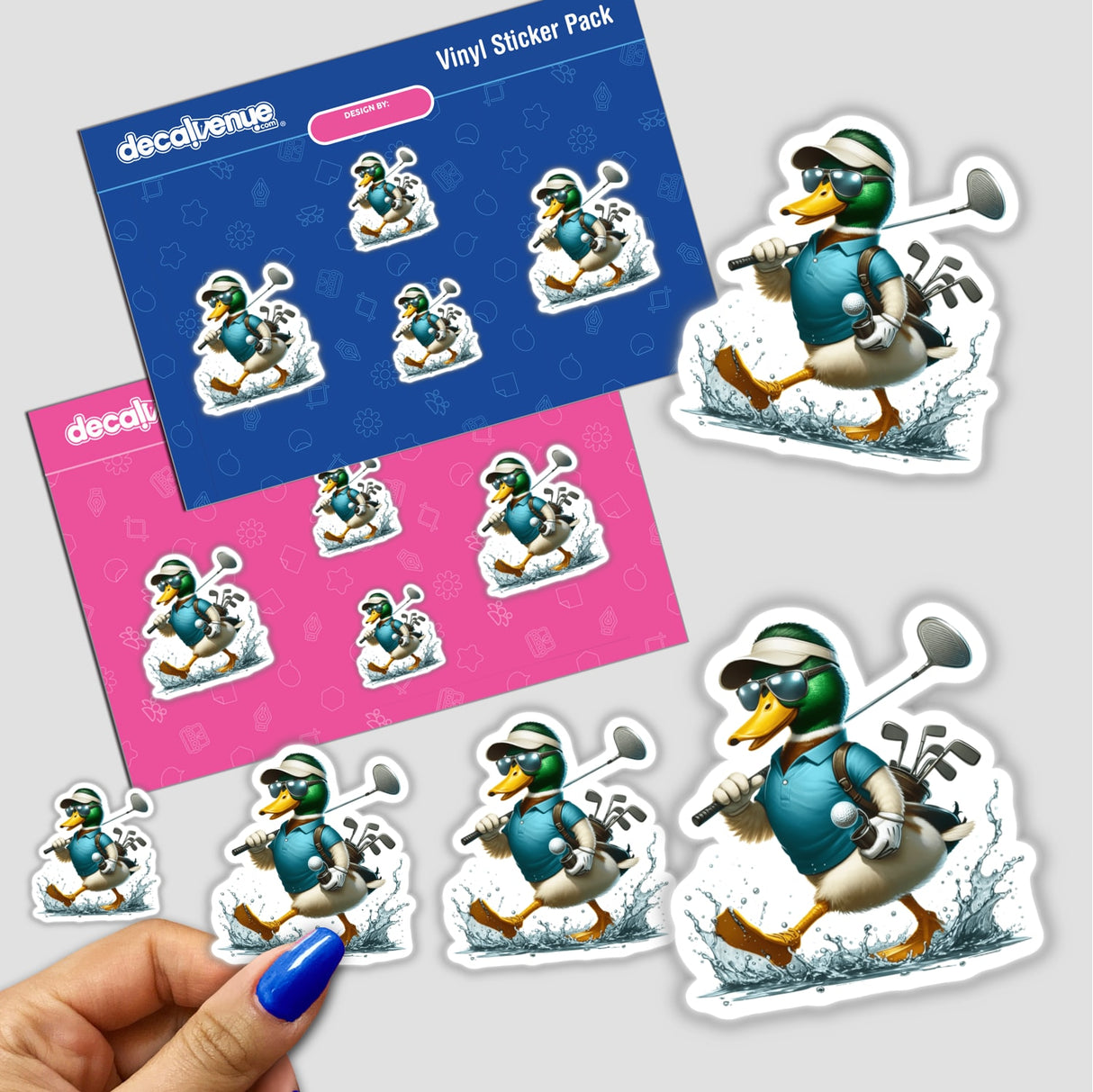 Sporty Mallard Duck Going Golfing sticker pack featuring cartoon ducks with golf bags and clubs, available as stickers or digital artwork.