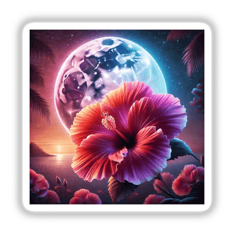 Twilight Hibiscus Blooming Under the Moonlight: A lush tropical flower with a moonlit background, featured as stickers or digital downloads from Decal Venue.