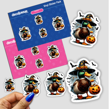 Halloween Mallard Duck Witch II sticker featuring a cartoon duck in a hat holding a pumpkin basket, perfect for Halloween-themed decorations.