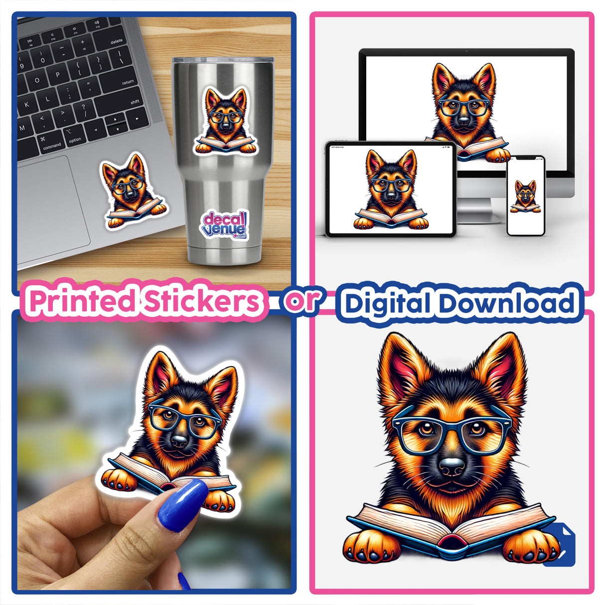 German Shepherd Dog With Reading Glasses Open Book