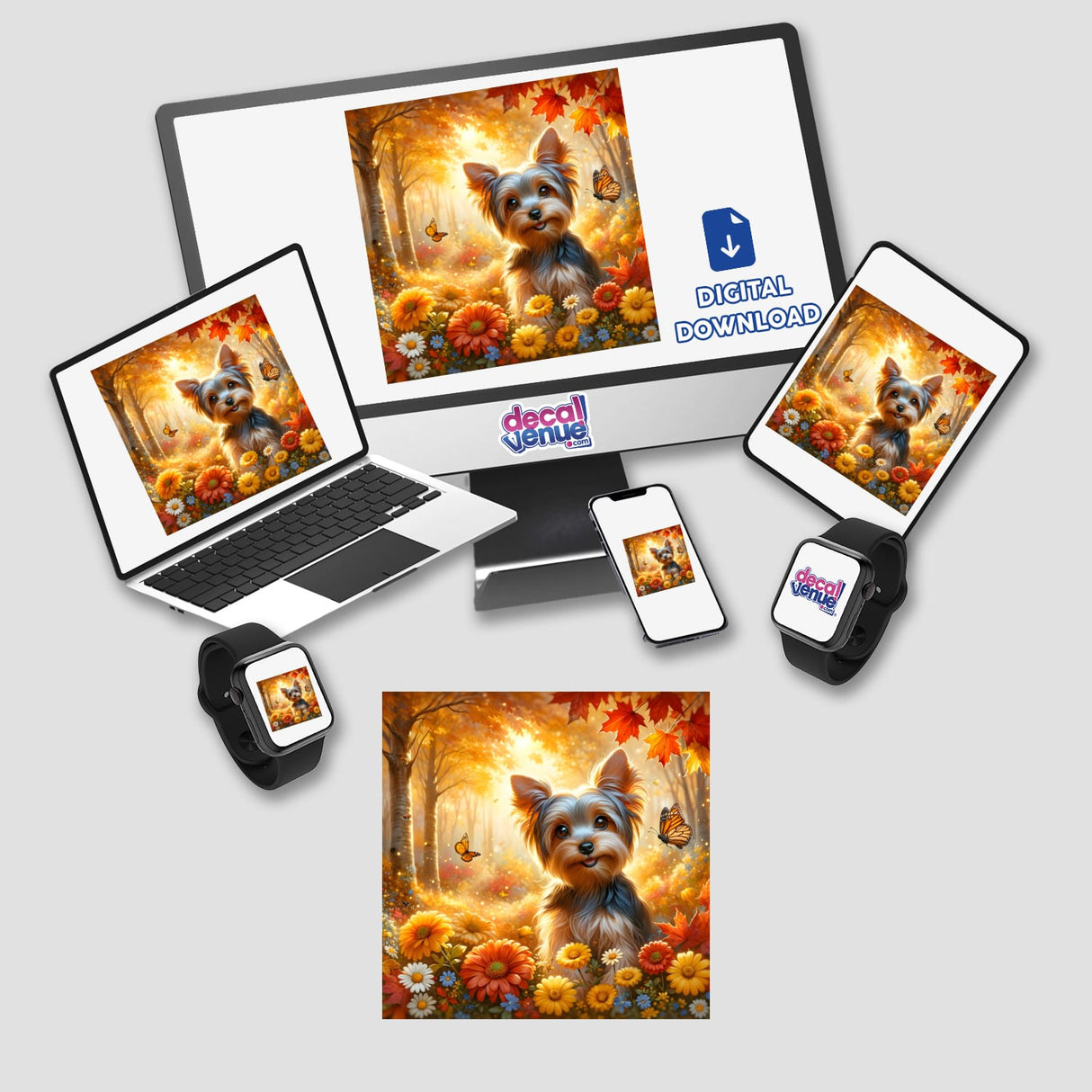 Yorkshire Terrier in a Cozy Autumn Park Watercolor Illustration, featuring a dog with butterflies, available as stickers or digital artwork, displayed on various gadgets in a vibrant, whimsical style.