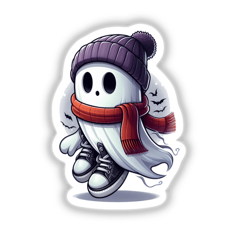 Boy Ghost cartoon wearing a purple beanie and sneakers, available as stickers or digital artwork.