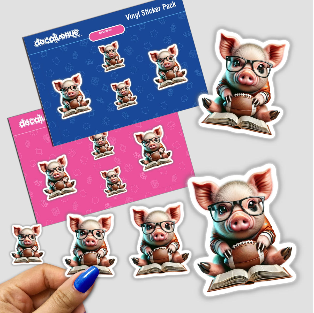 Pig in Reading Glasses with Open Book and Football: A whimsical cartoon pig sticker, showcasing a pig with glasses holding a book and football, embodying quirky charm and creativity.