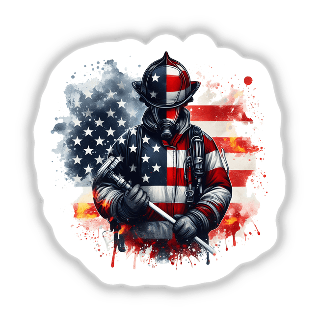 Digital artwork of an American firefighter in uniform, standing in front of an American flag backdrop with splatters of color. Featuring a firefighter's helmet and a gas mask, conveying a powerful and patriotic design.