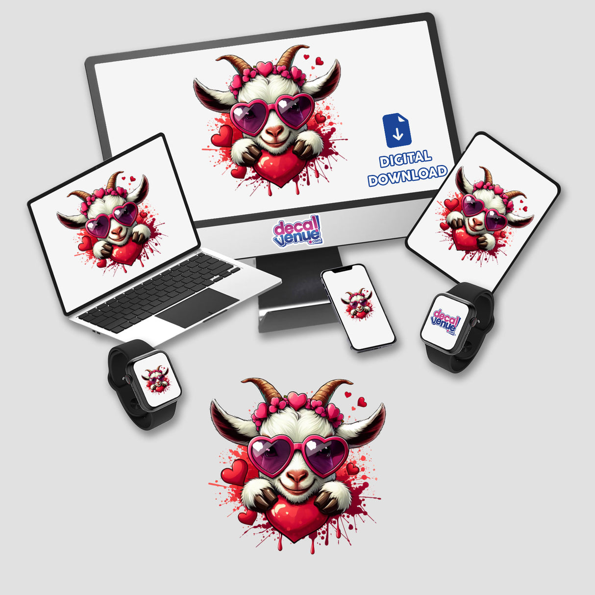Peeking Goat Heart Splash: A cartoon goat with pink heart-shaped sunglasses and a heart wreath, available as stickers or digital artwork, displayed on a computer monitor and laptop.