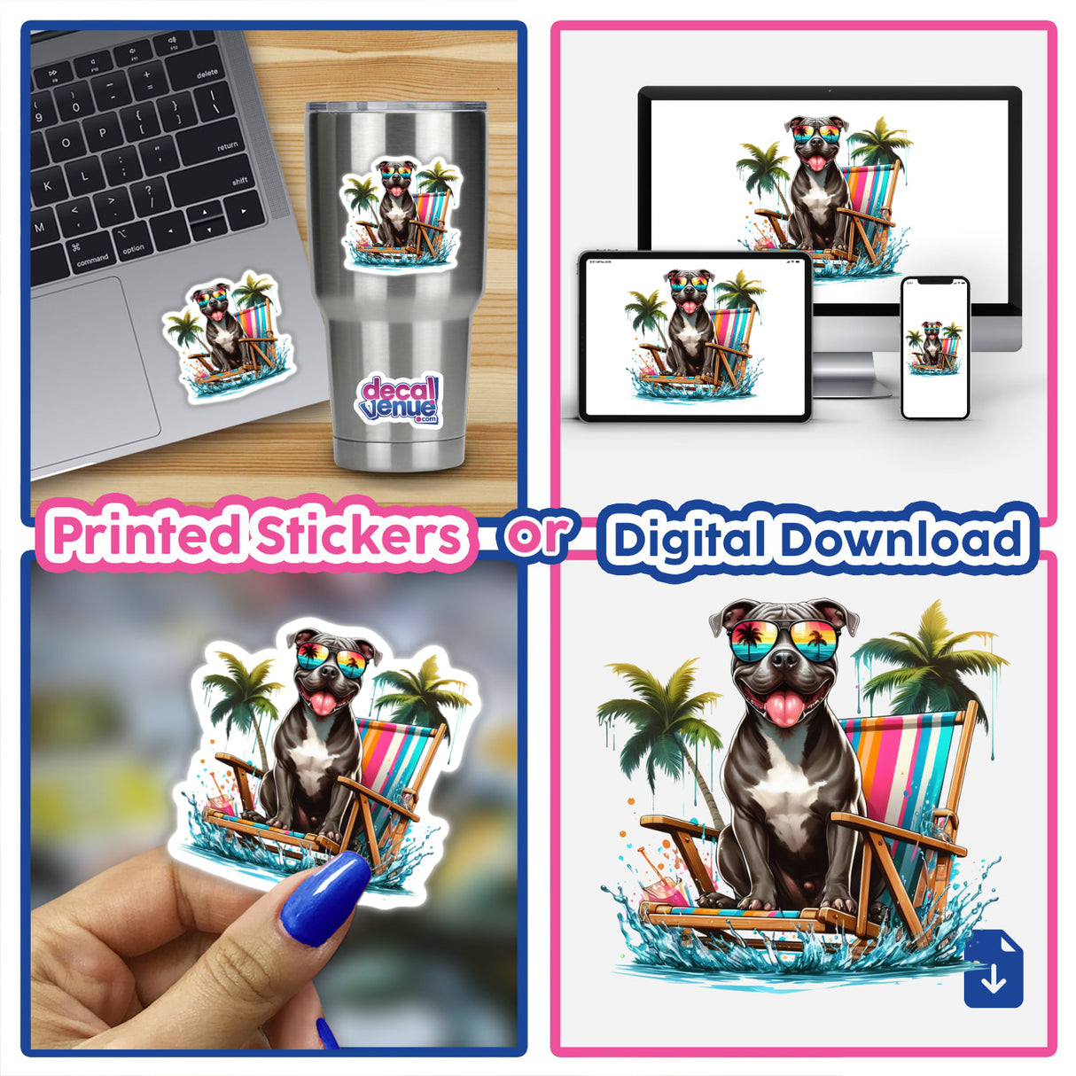 Splashing Beach Time Pitbull Dog sticker collage, featuring a playful pitbull with sunglasses lounging on a chair, available as unique vinyl stickers or digital artwork from Decal Venue.