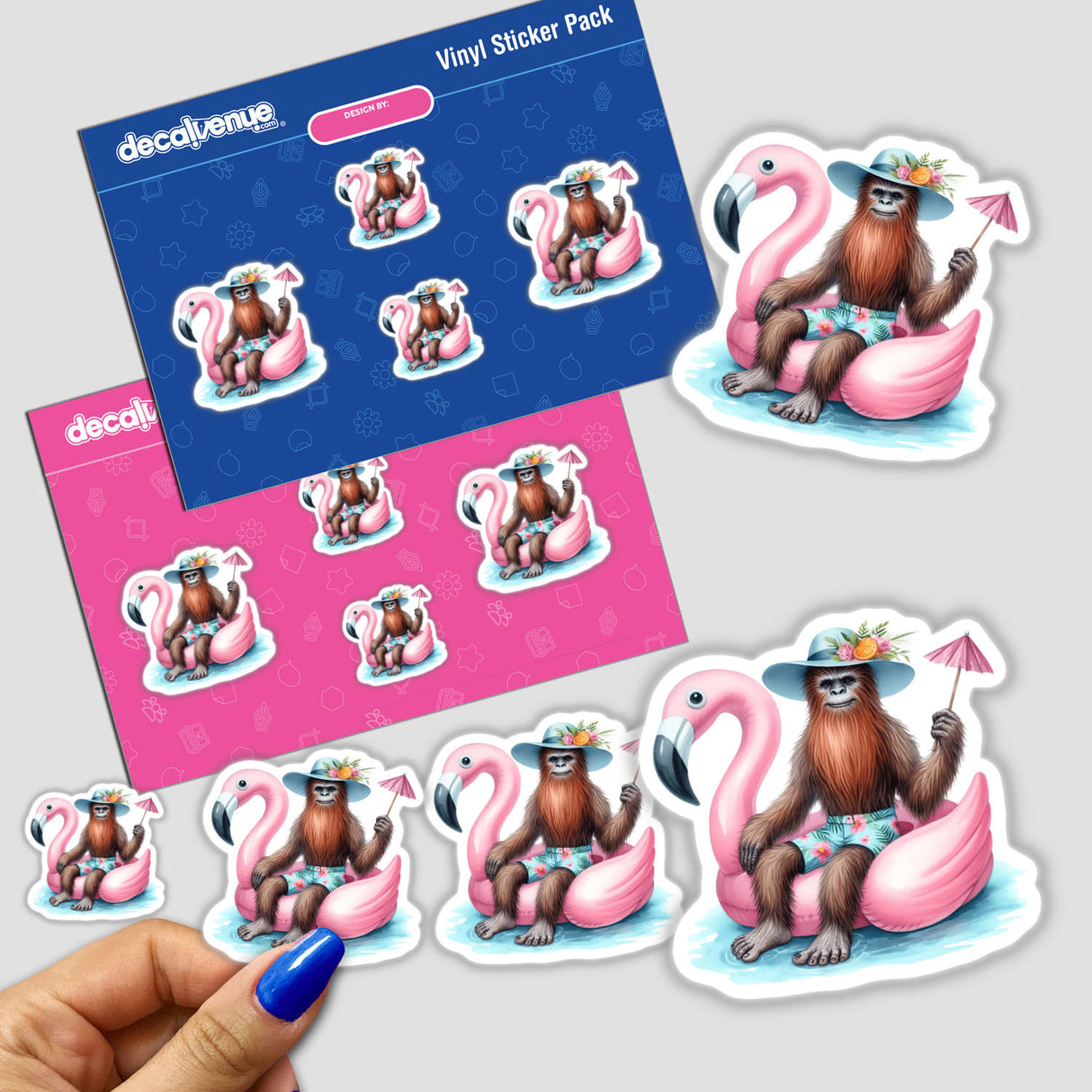 Tropical Sasquatch Sitting in Flamingo Float sticker, featuring a cartoon animal on a pink inflatable, part of a unique sticker pack from Decal Venue.