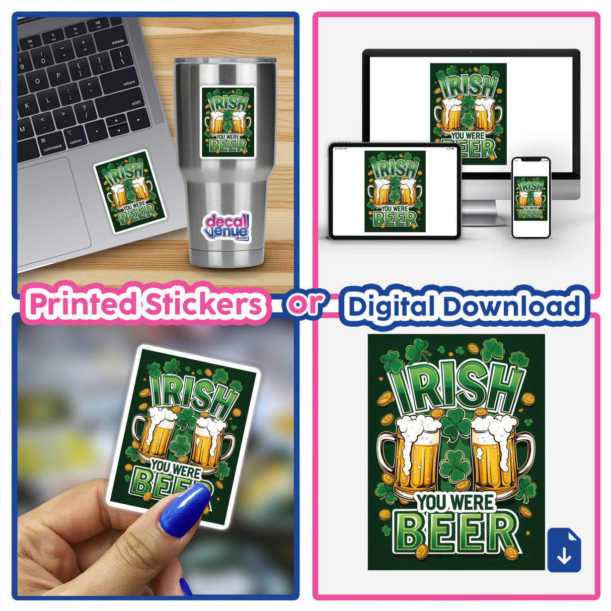 Festive Irish Design with Beer Mugs, Shamrocks, and Gold Coins, depicted as a sticker on a laptop, showcasing Decal Venue's unique vinyl stickers and digital art offerings.