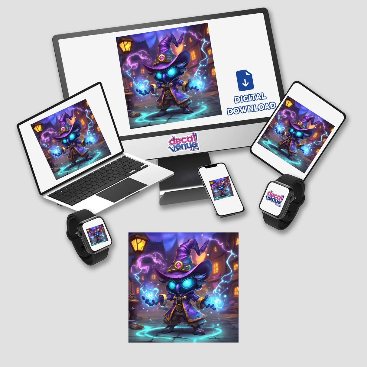 Sorcerer with Glowing Magical Effects shown on laptop, tablet, cellphone, smartwatch, and computer screen. Available as Stickers or Digital Artwork from Decal Venue.