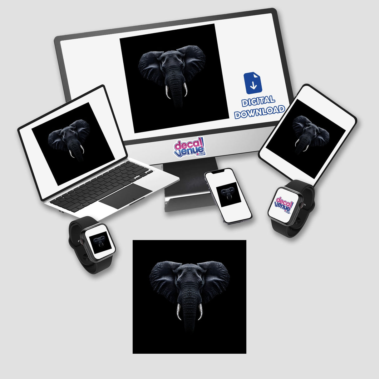 Cinematic Elephant Portrait on Black Background displayed on various electronic devices including a laptop, phone, and tablet. Available as stickers or digital artwork from Decal Venue.