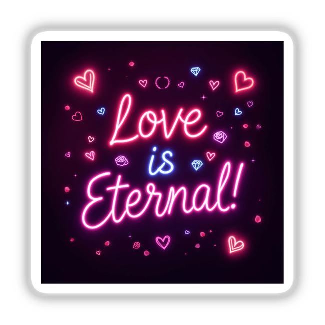 Love is Eternal Neon Glow Design featuring vibrant hearts and floral patterns, available as stickers or digital artwork from Decal Venue. Ideal for adding a unique touch to any space.