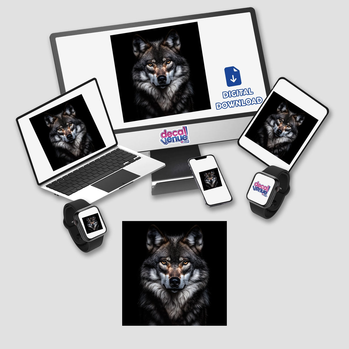 Cinematic Wolf Portrait on Black Background displayed on various electronic devices, including a laptop, smartphone, and smartwatch, available as stickers or digital artwork.