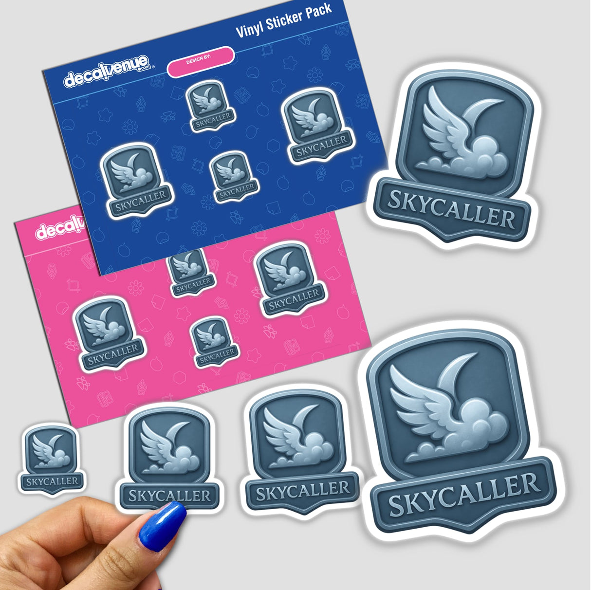 Skycaller – RPG-Style Skill Badge featuring a silver-blue cloud and wing crest design, available as unique stickers or digital artwork at Decal Venue.