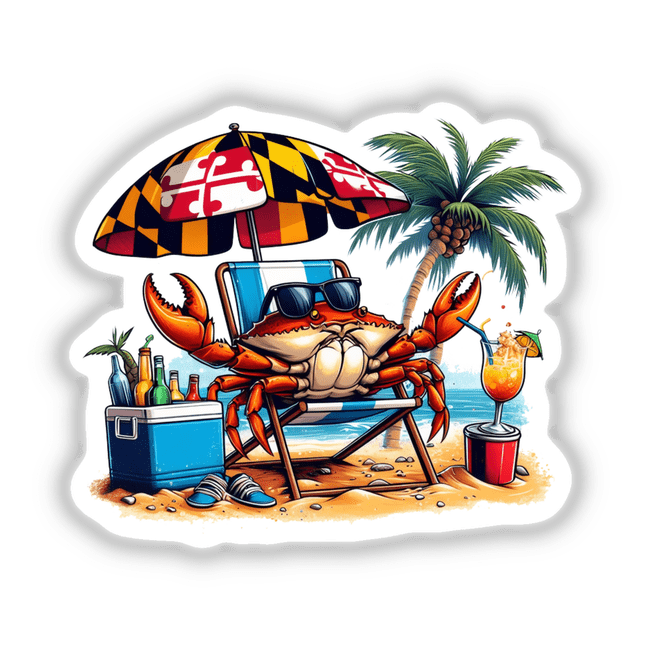 Maryland Flag Steamed Blue Crab sunbathes in a beach chair under a colorful umbrella, surrounded by a palm tree, sunglasses, and a blue cooler. Available as stickers or digital artwork.