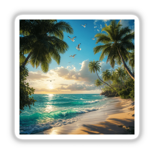 Tropical Breeze Seagulls Over Ocean Shore: A serene beach scene with palm trees and birds soaring above crashing waves, available as stickers or digital artwork.