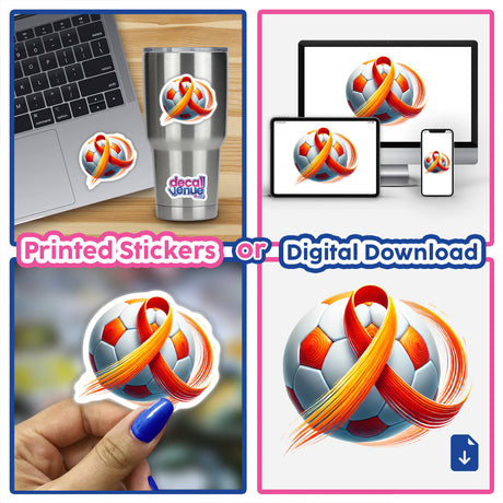 Collage featuring the Soccer Ball Orange Ribbon design on a football, laptop, and phone, highlighting its versatility as stickers or digital downloads for sports enthusiasts.