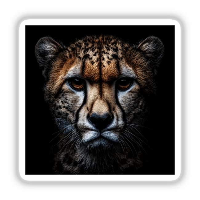 Cinematic Cheetah Portrait on Black Background: A detailed close-up of a cheetah's face highlighting its intense gaze, whiskers, and fur texture. Available as stickers or digital artwork.