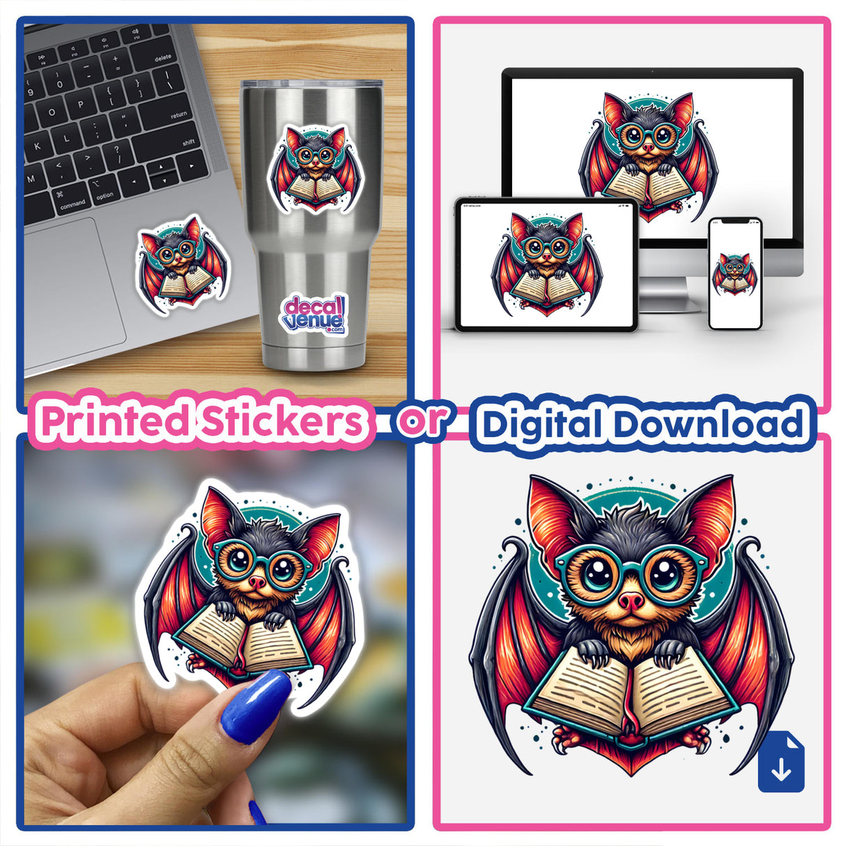 Colorful bat with reading glasses and open book - digital artwork displayed on various devices and products from Decal Venue store.