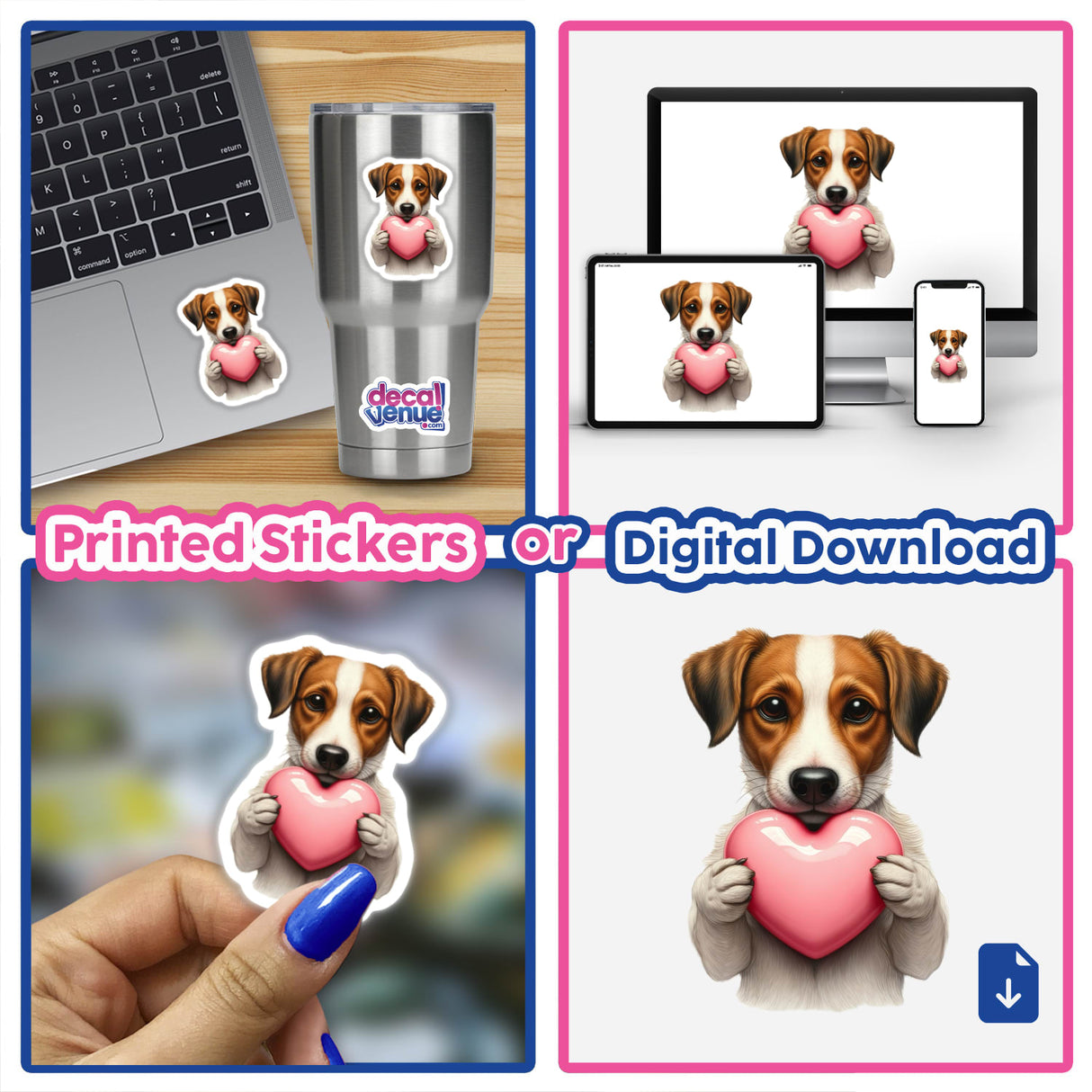Jack Russell Terrier holding a pink heart, featured in a collage of sticker and digital artwork options. Ideal for pet lovers from Decal Venue's unique vinyl stickers and digital art collection.
