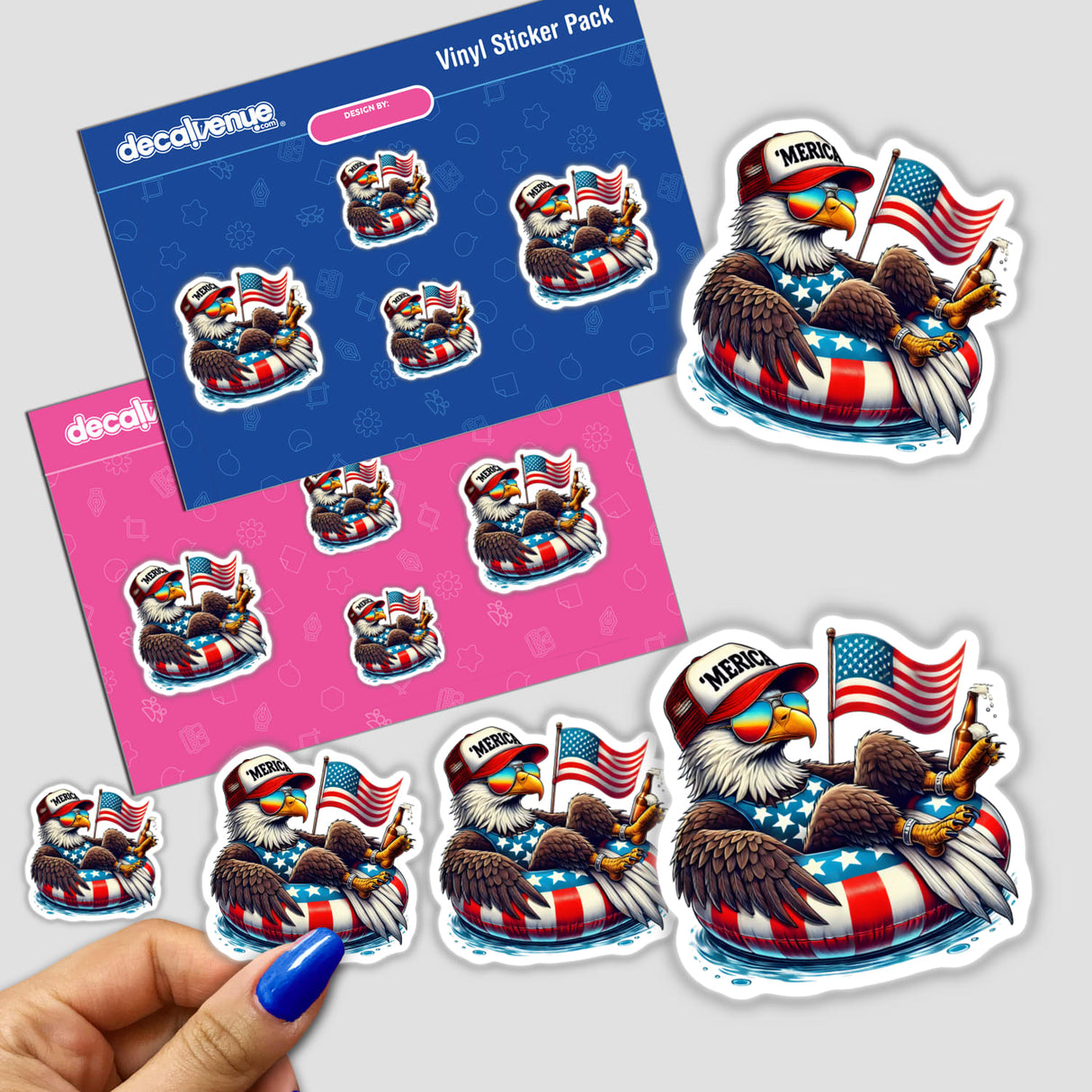 Bald Eagle American Flag Float Merica sticker pack featuring eagles with flags and accessories, embodying American pride from Decal Venue.