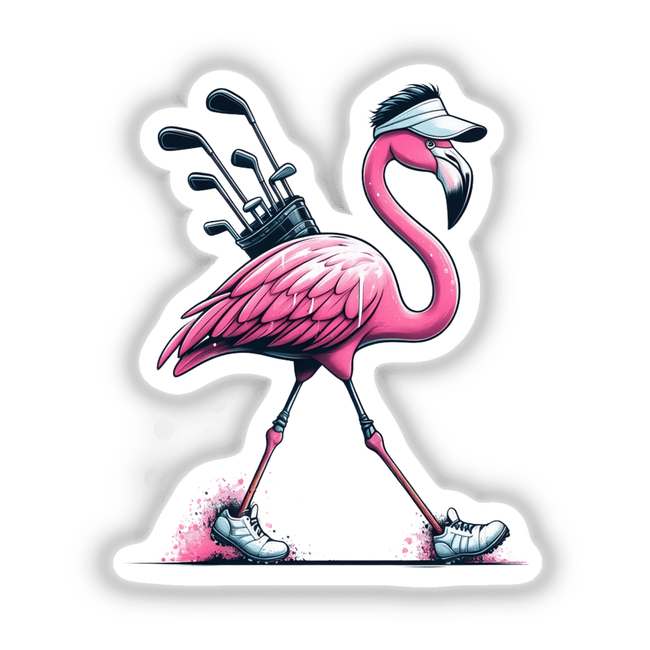 Flamingo Going Golfing: A whimsical cartoon of a flamingo carrying golf clubs, available as stickers or digital artwork, perfect for fans of unique vinyl decals from Decal Venue.