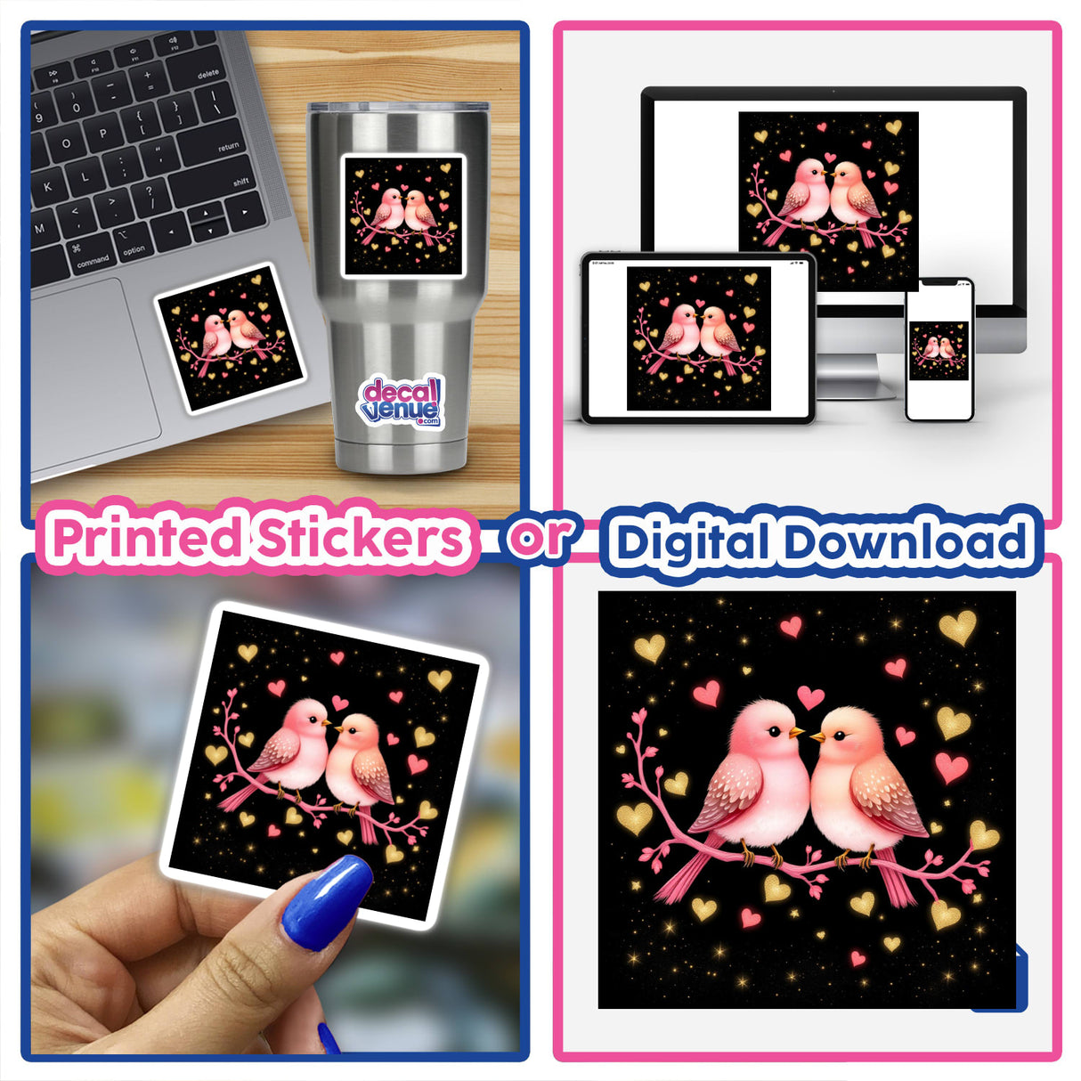 Lovebirds on a Pink Branch with Gold Hearts sticker displayed on a laptop, showcasing two pink birds perched with gold hearts, reflecting Decal Venue's unique sticker and digital art offerings.