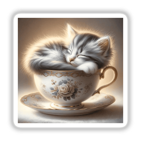 Cozy Kitten in Vintage Teacup: A serene cat sleeps curled up inside a delicate ceramic teacup, available as unique stickers or digital artwork from Decal Venue.