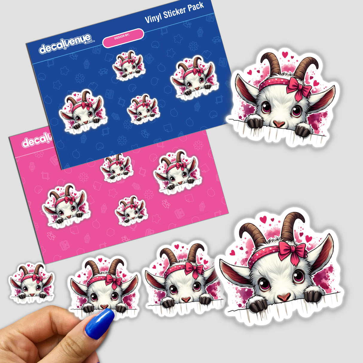 Peeking Goat Heart Splash II sticker featuring cartoon goats with pink bows and playful expressions, perfect for customizing personal items.