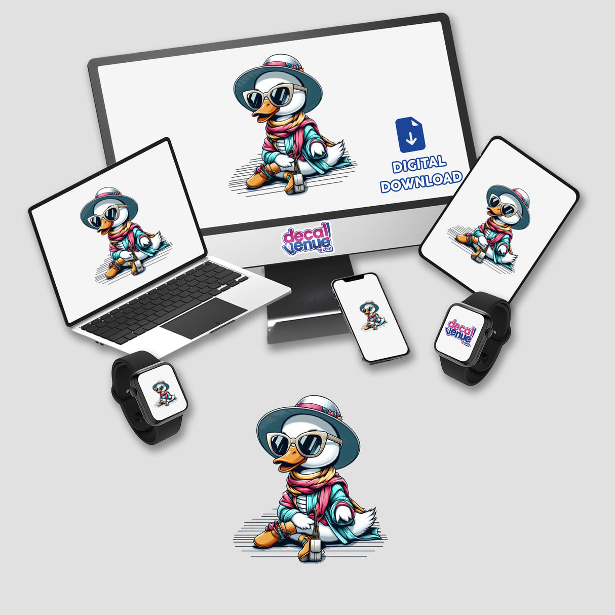 Fashionable Duck Sitting Pretty displayed on a computer monitor, laptop, tablet, cell phone, and smartwatch. Available as stickers or digital artwork from Decal Venue.