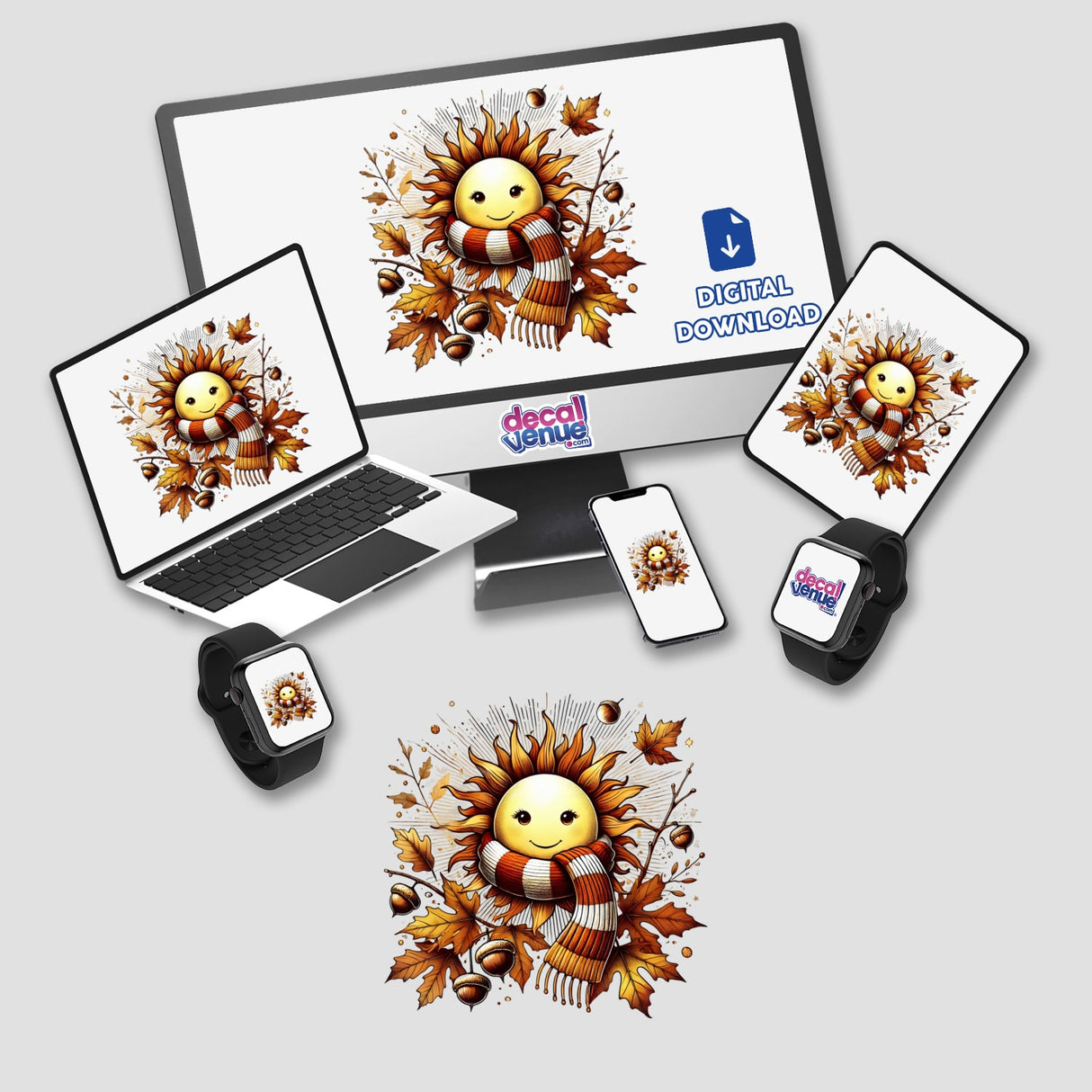 Autumn Sun in Cozy Sweater: A digital artwork showing a cartoon sun with a scarf on screens of a computer monitor and laptop, available as stickers or digital art.