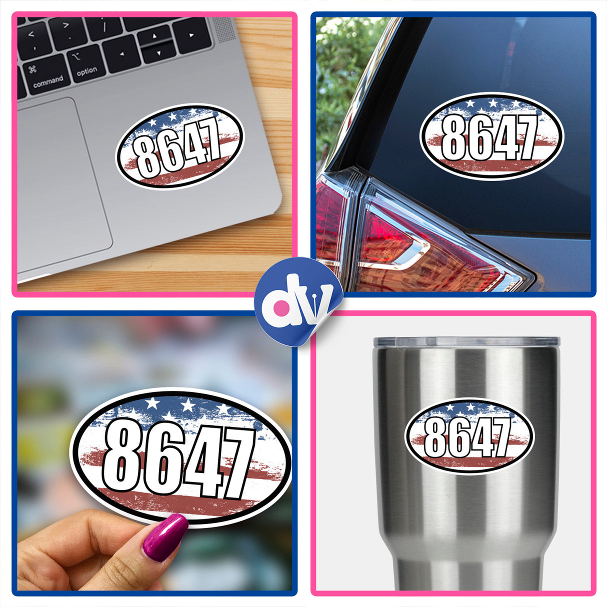 FDT Oval Vinyl Bumper Stickers (3 Pack), featuring versatile, high-definition decals suitable for cars, laptops, and more, showcased in a collage with numbers and laptops for creative application ideas.