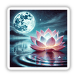 Moonlit Lotus - Radiant Bloom on Still Waters: A pink flower floats on water, with a full moon illuminating the serene scene. Available as stickers or digital artwork.