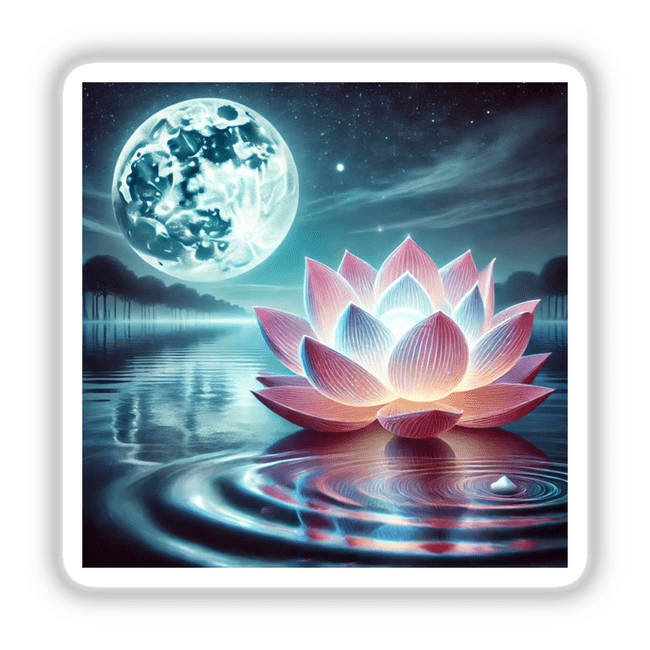 Moonlit Lotus - Radiant Bloom on Still Waters: A pink flower floats on water, with a full moon illuminating the serene scene. Available as stickers or digital artwork.