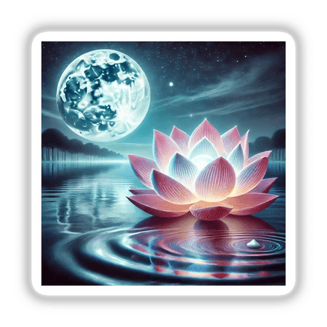 Moonlit Lotus - Radiant Bloom on Still Waters: A pink flower floats on water, with a full moon illuminating the serene scene. Available as stickers or digital artwork.
