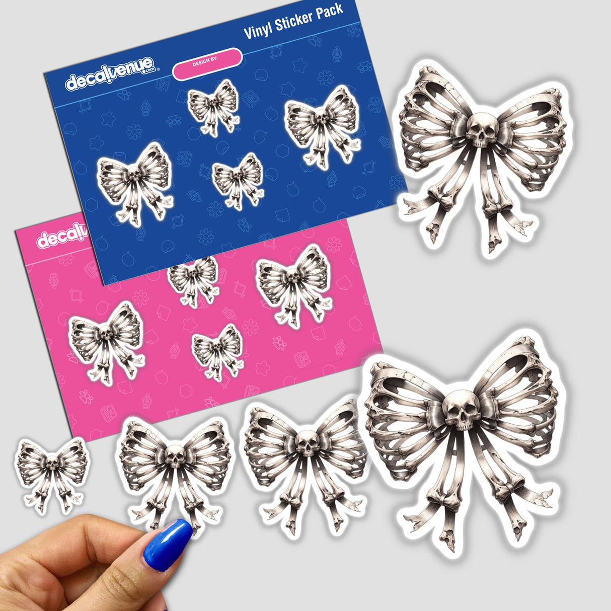 Elegant butterfly-shaped vinyl stickers in black and white tones, arranged on a vibrant pink and blue background. The stickers are part of a digital artwork collection from DecalVenue, showcasing intricate, stylized butterfly designs for versatile decorative use.