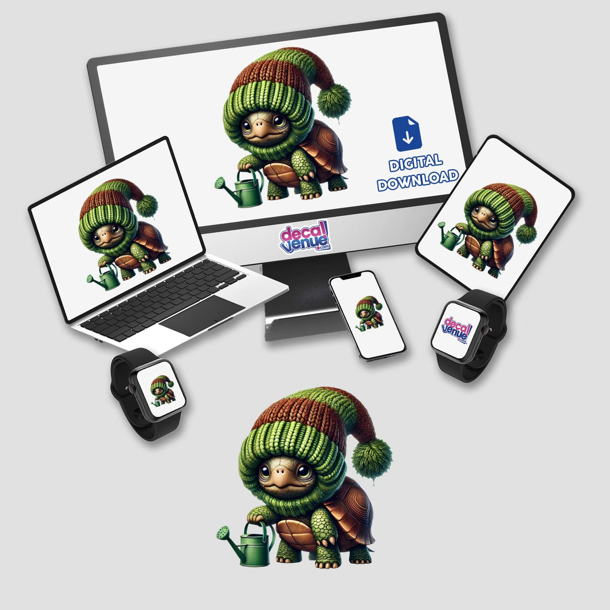 Turtle Gnome with Watering Can illustrated on various devices including a laptop, monitor, tablet, phone, and smartwatch, available as stickers or digital artwork from Decal Venue.