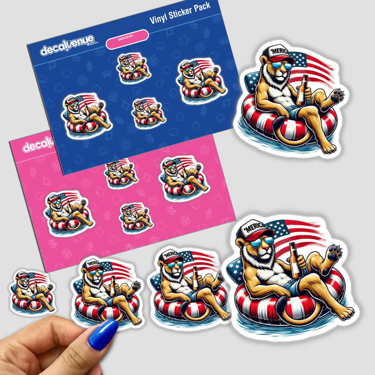 Mountain Lion American Flag Float Merica sticker pack featuring cartoon lions on floats with various poses and a lion holding a beer.