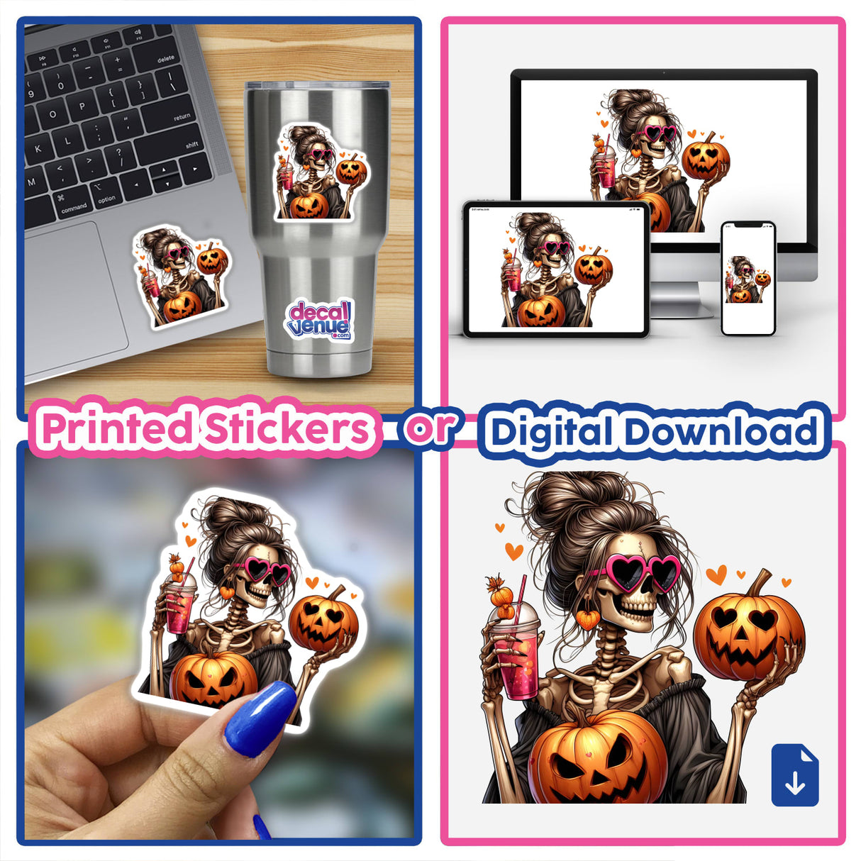 Spooky Halloween Skeleton Mama with Pumpkins - Unique digital art or stickers available from Decal Venue, featuring a skeletal woman holding jack-o'-lanterns in a festive Halloween scene.