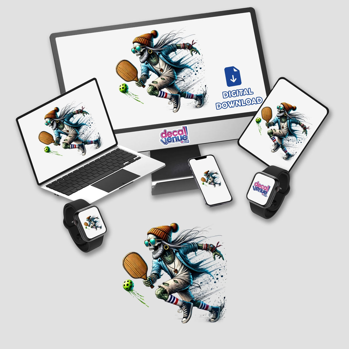 Trendy Zombie Playing Pickleball stickers or digital art displayed on a computer monitor and laptop, showcasing a cartoon skeleton with a paddle and tennis racket.