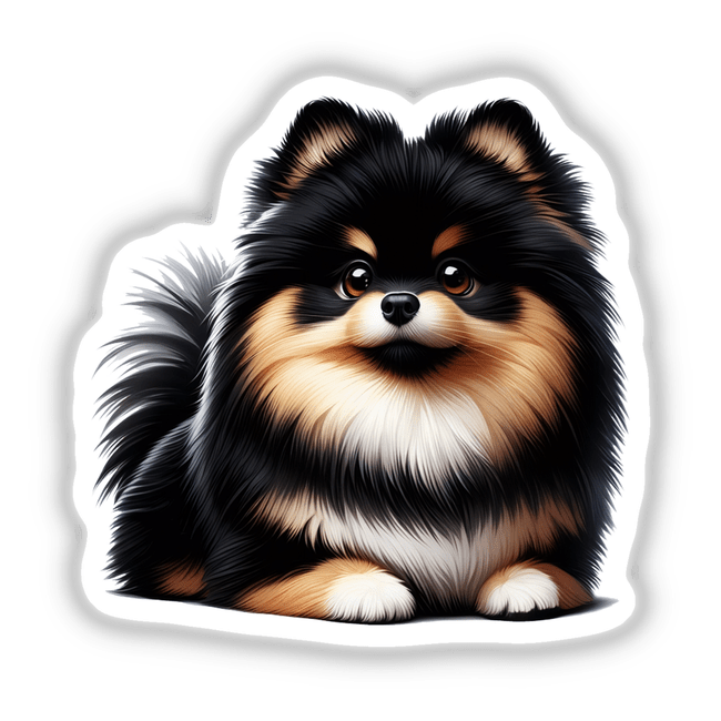 Tan and Black Pomeranian Pom Dog depicted as charming stickers or digital artwork, showcasing its fluffy fur and expressive face, available from Decal Venue. Perfect for pet lovers and art enthusiasts.
