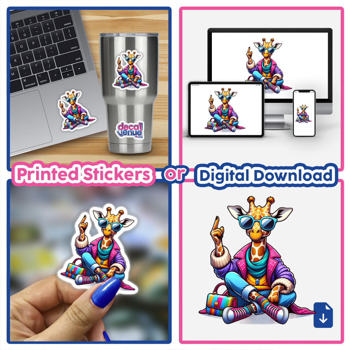 Fashionable Giraffe sticker featuring a giraffe in sunglasses and a coat, seen on laptops and stainless steel cups, available as stickers or digital artwork.