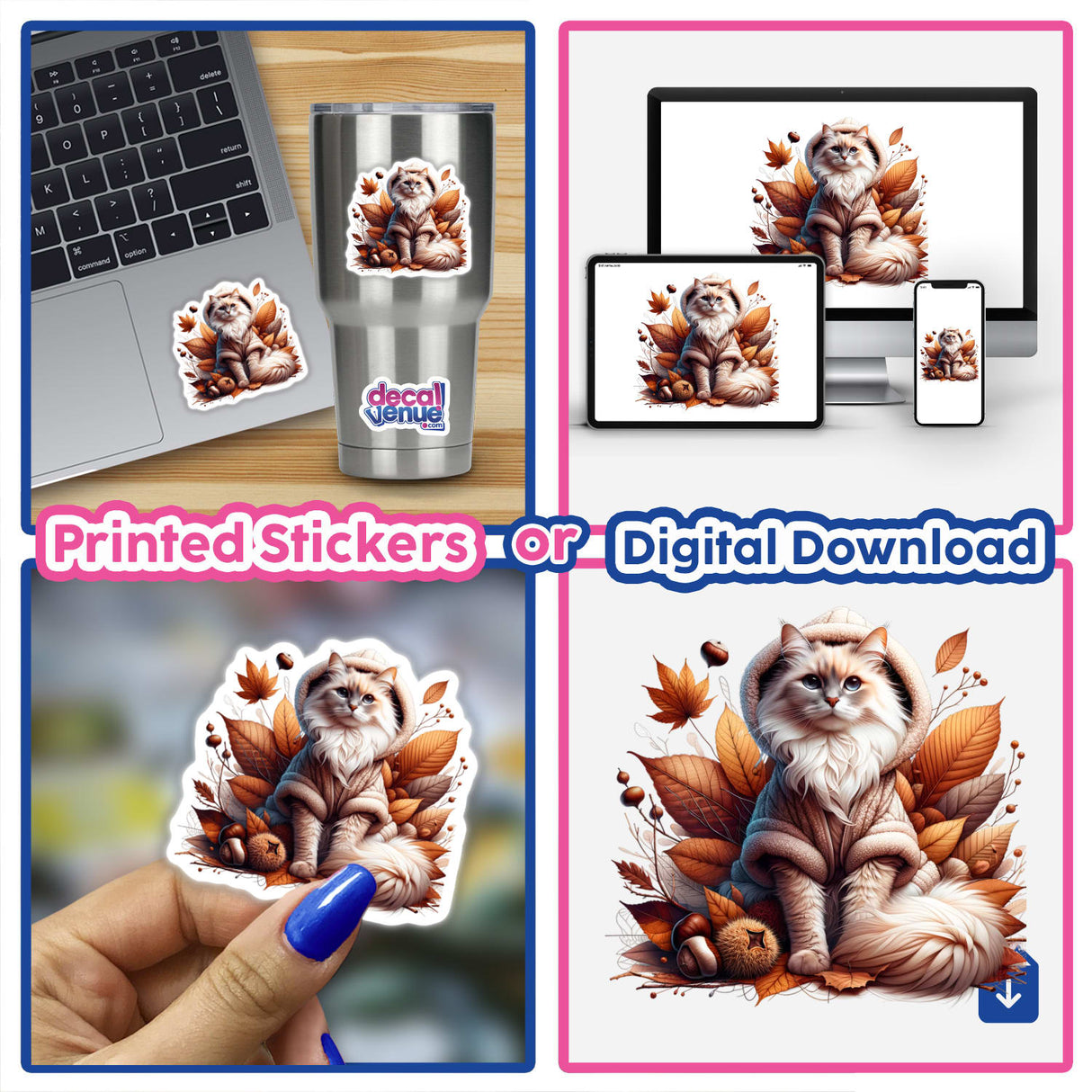 Autumn Cat in Cozy Sweater - Vibrant digital artwork showcasing an adorable feline in a cozy fall setting, available as printed stickers or digital download from Decal Venue.