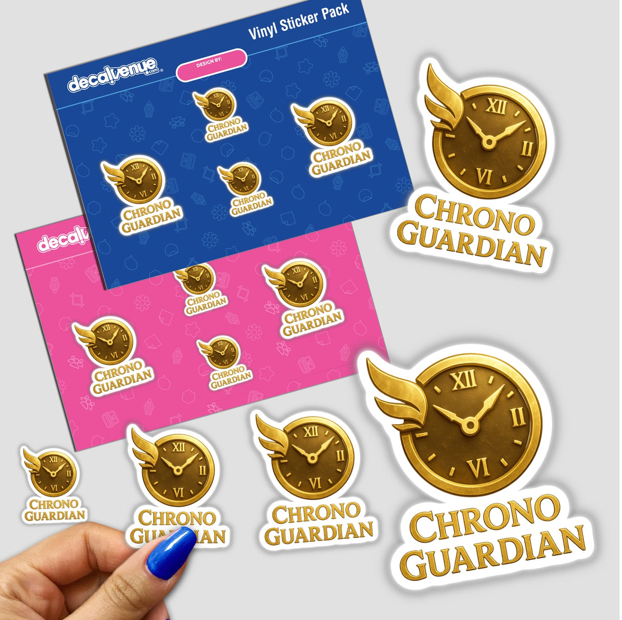 Chrono Guardian – RPG-Style Skill Badge featuring a gold Timekeeper Shield, available as vinyl stickers or digital artwork, highlighting intricate detailing and emblematic design from Decal Venue.