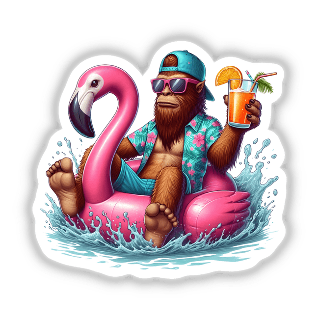 Sasquatch Floating in Flamingo Float II: A cartoon gorilla lounges on a pink flamingo float, complemented by a whimsical touch of a hand holding an orange juice. Available as stickers or digital art.