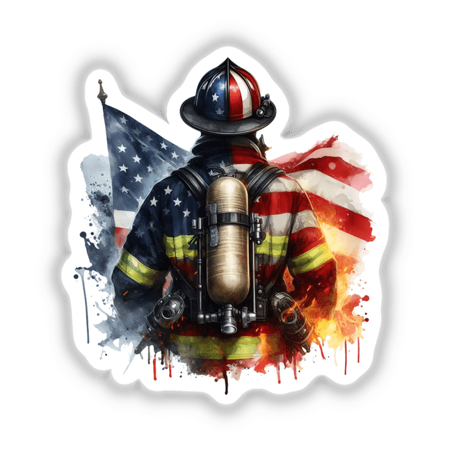 Firefighter Etched Into American Flag: Cartoon-style artwork featuring a firefighter holding a flag, available as unique stickers or digital art, reflecting Decal Venue's distinctive design focus.