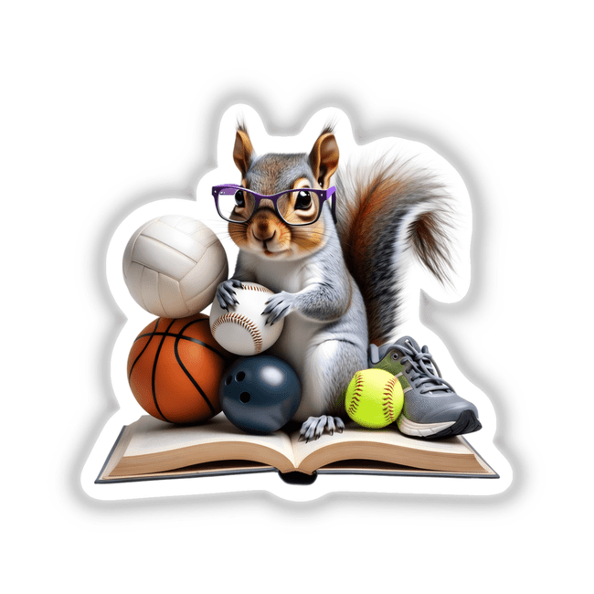 Squirrel with purple glasses reading a book, surrounded by various sports balls. Available as stickers or digital artwork titled Squirrel Reading a Book with Purple Glasses and Sports Balls.