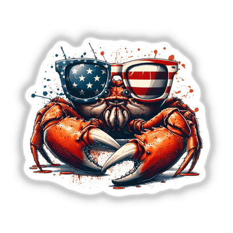 American Steamed Crab design features a crab in sunglasses with the American flag. Available as a sticker or digital artwork, showcasing Decal Venue's unique style.